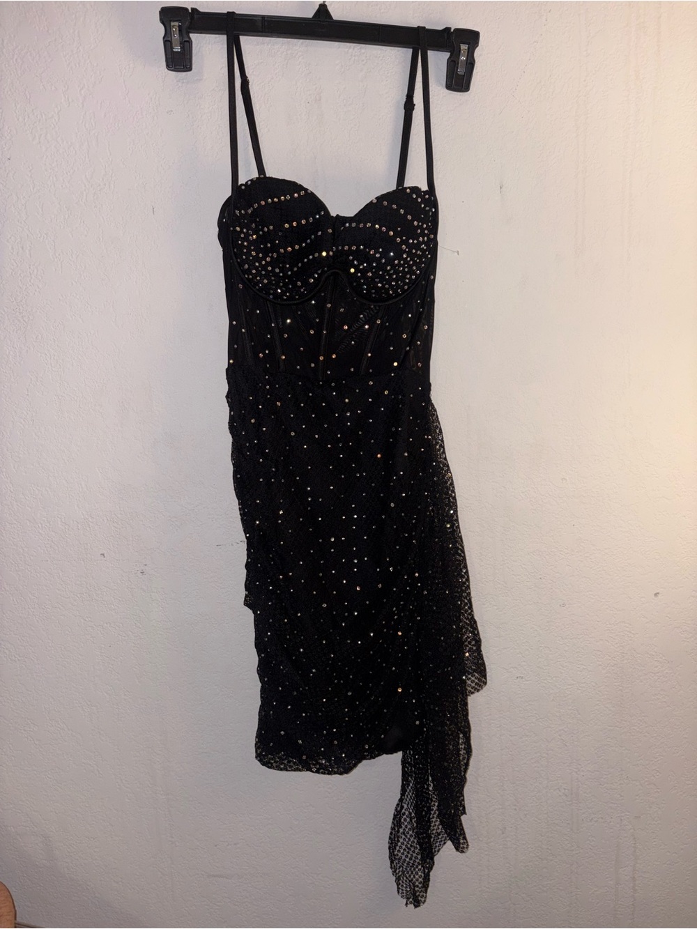 Black Embellished Mini Dress with Asymmetric Hem
